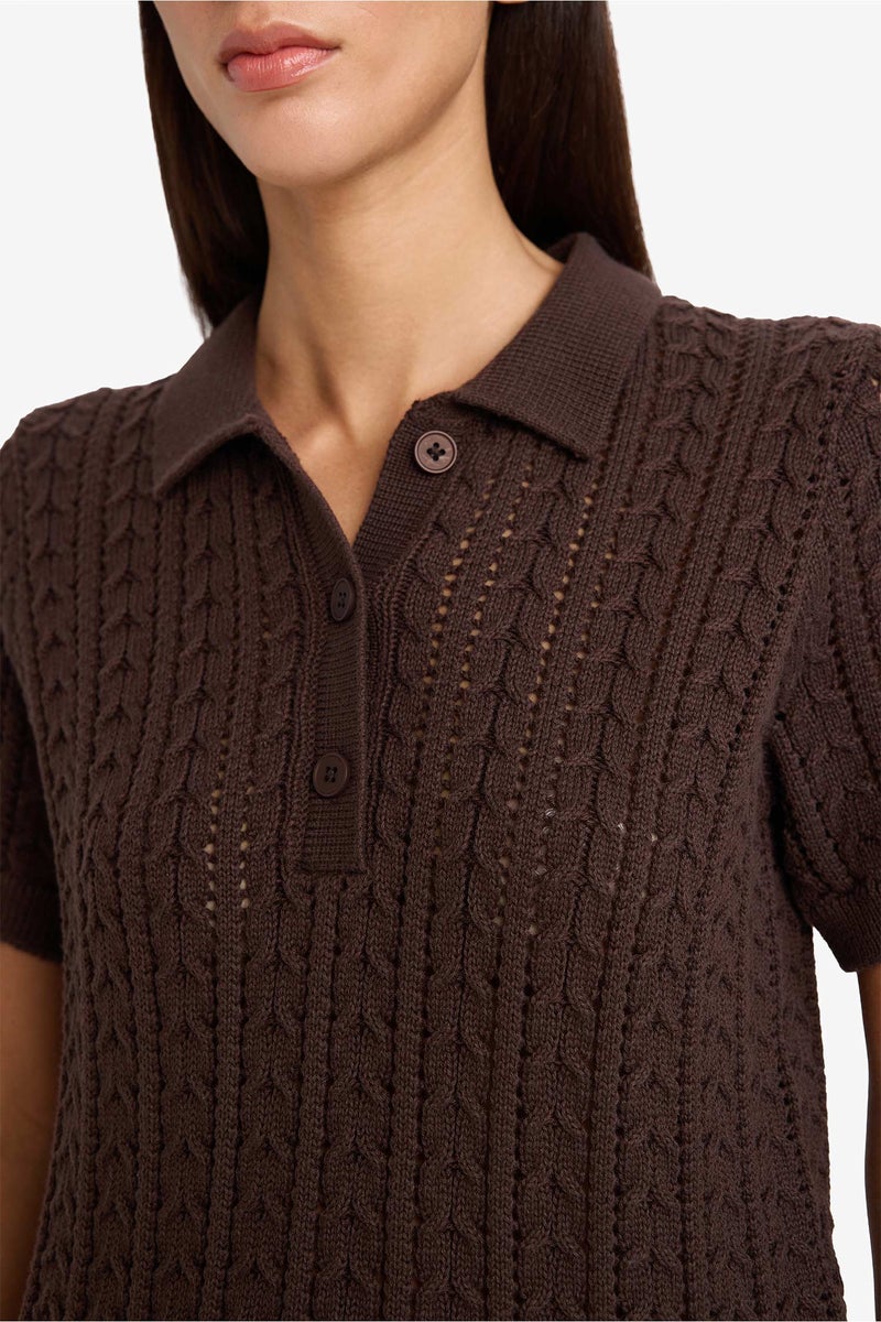 DeFacto Brown Woman Regular Fit Polo Collar Knitwear Pullover Casual - Image 4